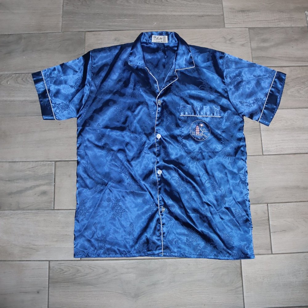 Satin Pajama Sleepwear Top Oriental Embroidered Button Up Blue